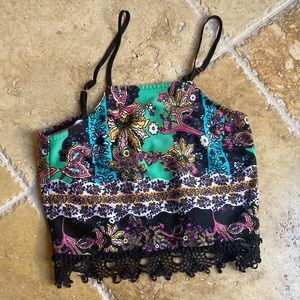 Spaghetti strap tube top with black embroidery lace trim